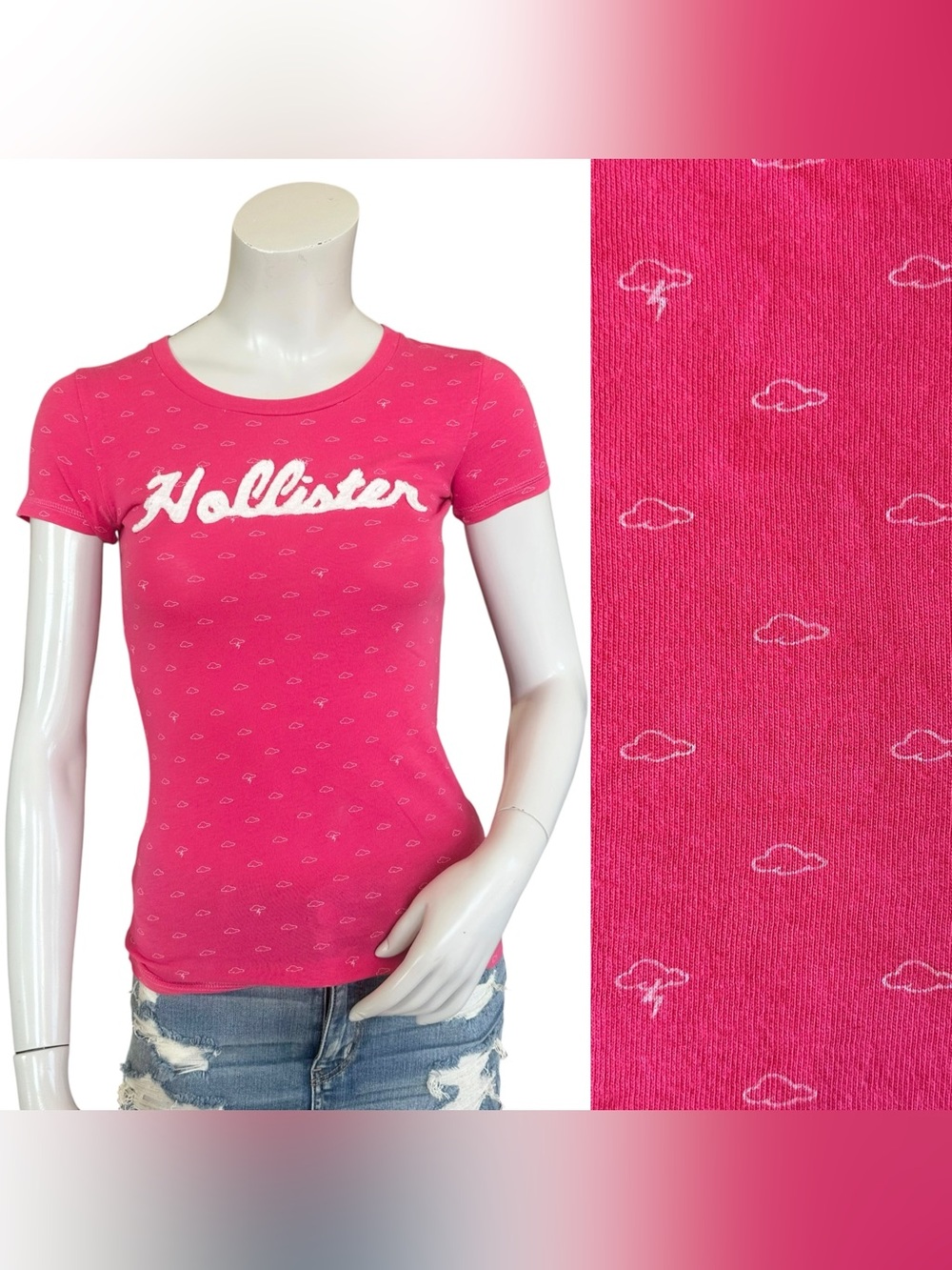 Y2K Hollister Pink Logo Storm Cloud Print Slim Fit 100% Cotton Tee Size Small